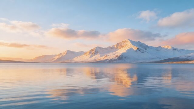 Snowy mountain lake at sunset