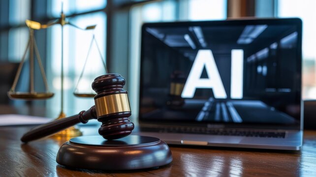 A gavel rests on a desk beside a laptop displaying "AI" symbolizing the intersection of law and artificial intelligence.