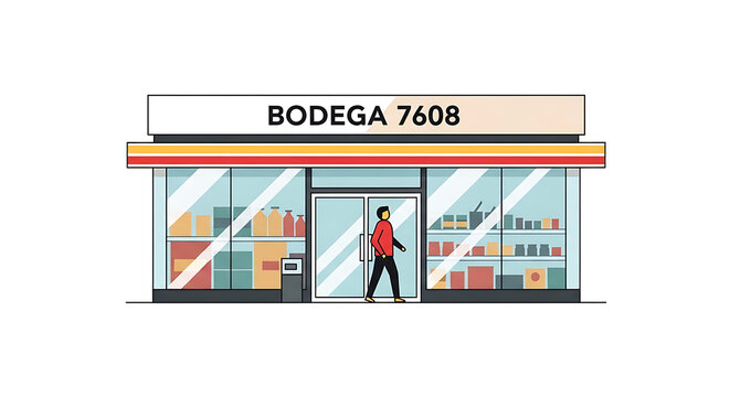 Pixel art convenience store facade, bodega entrance with shelves stocked with goods, a figure walking inside, retro gaming style