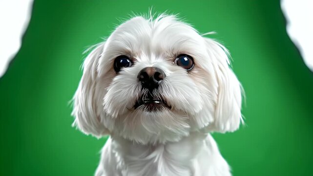 Close-up of an Adult Maltese Dog's Face with Soft White Fur and Expressive Eyes Against a Vibrant Green Background