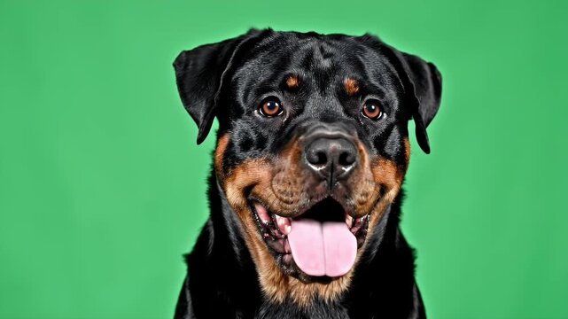 Close-Up of an Adult Rottweiler Face with Expressive Features on Vibrant Green Background
