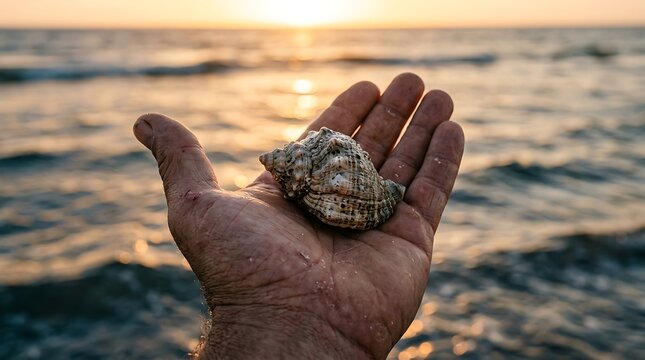 Hand holding seashell by ocean waves at sunset seagull flying