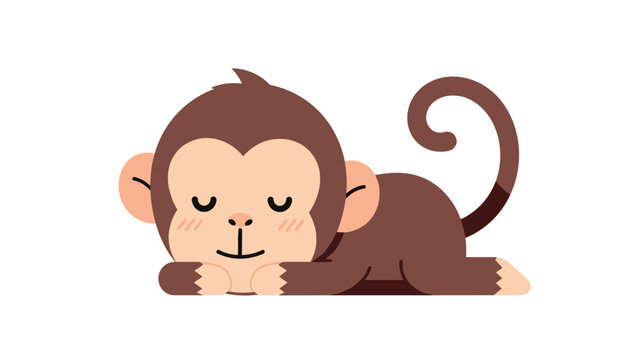 Cute cartoon monkey sleeping peacefully on its stomach with its eyes closed and a long curled tail on a white background.