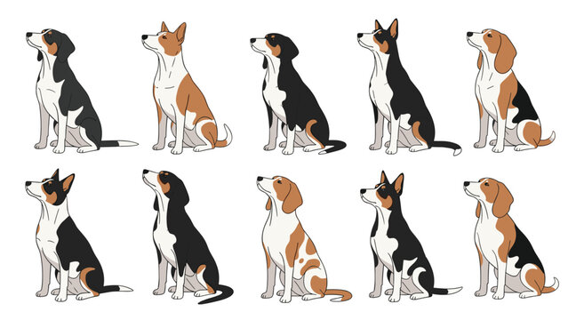 Set of various dog illustrations including beagles and basenjis shown in profile sitting and looking up on white background.