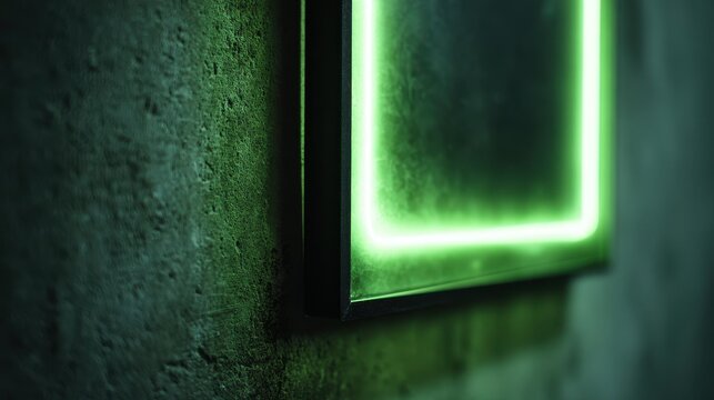 Close-up of a square frame lit by electric green neon in low-key lighting