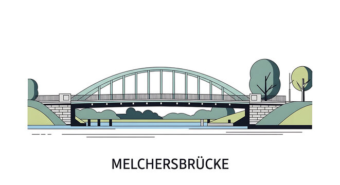Melchersbr?cke arch bridge with green trees and river, simplified flat vector illustration, urban landscape