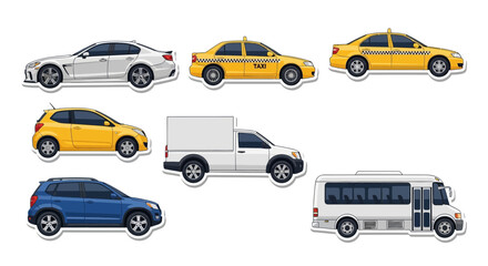 Naklejka premium Various stylized vehicles in side view isolated on white background