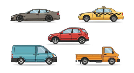 Naklejka premium Various stylized vehicles in side view isolated on white background vector design