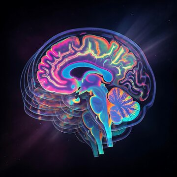 Neon human brain sagittal view digital illustration showing intricate neural pathways glowing with vibrant colors against dark background.