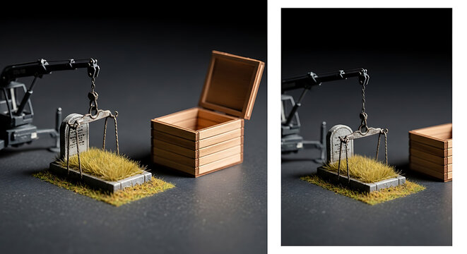 Miniature crane loading golden grains into an open wooden crate, symbolizing harvest and abundance against a dark, moody background, detailed miniature scene