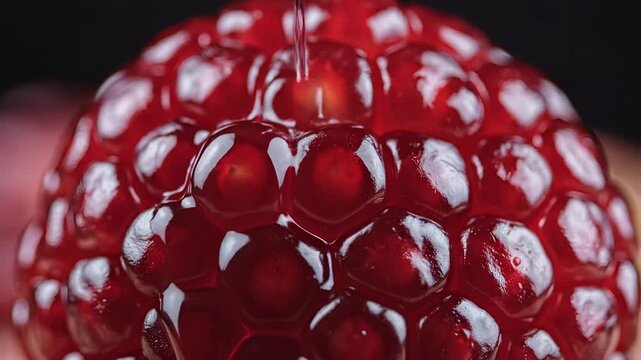 Closeup Macro Shot of Juicy Pomegranate Arils with Drips of Juice.