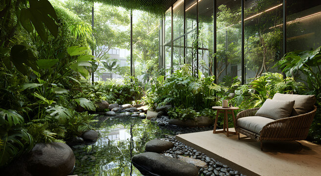 Lush Indoor Garden Oasis with Serene Pond and Comfortable Seating Area.