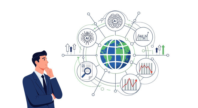 Businessman contemplating data analysis and global connections concept