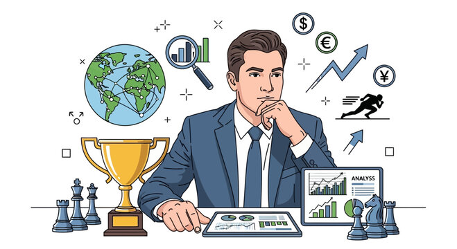 Businessman contemplating financial strategy with global economic elements