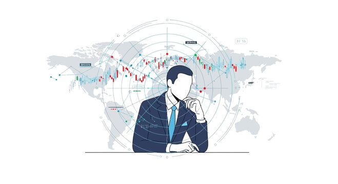 Businessman contemplating financial data charts and global map background