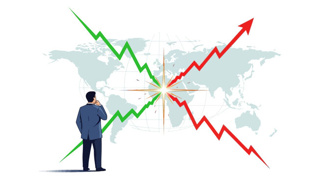 Businessman contemplating financial trends with arrows and world map background