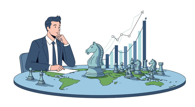 Businessman contemplating strategy with chess pieces and world map