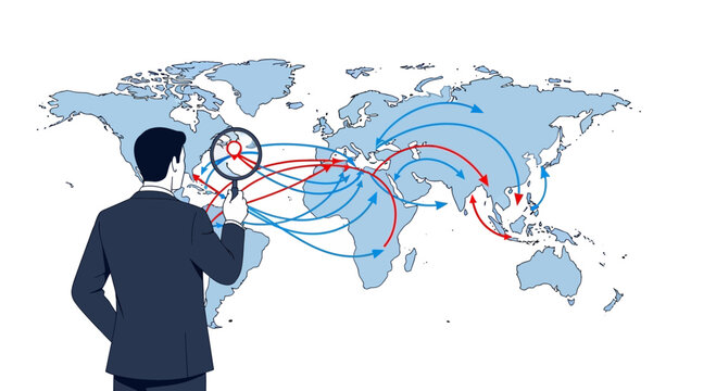 Businessman examining world map with magnifying glass analyzing global routes