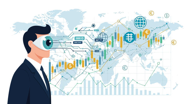 Businessman eyeing financial data with global charts and graphs