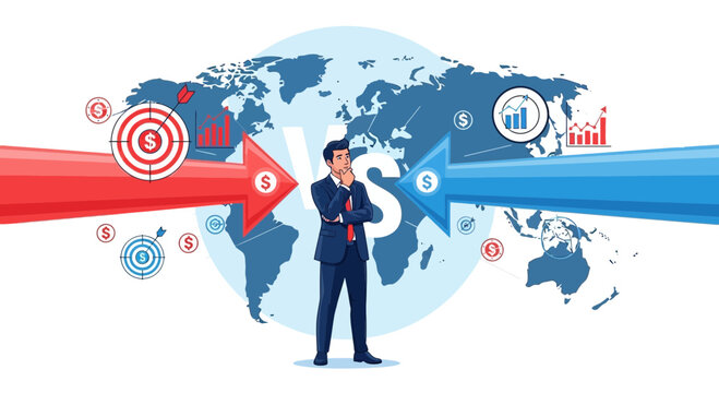 Businessman facing choices represented by arrows and a world map concept