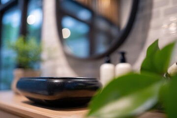 Obraz premium モダンなバスルームのシーンにシンプルなボウルと植物を
