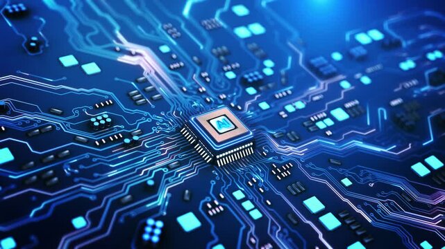 Human Hand click on Artificial Intelligence Processor Chip Circuit Board AI labeled processor chip. advanced board glowing data paths electronic components. artificial intelligence machine learning