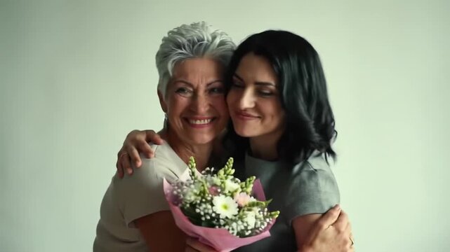 Young woman giving bouquet of flowers to happy senior mother
