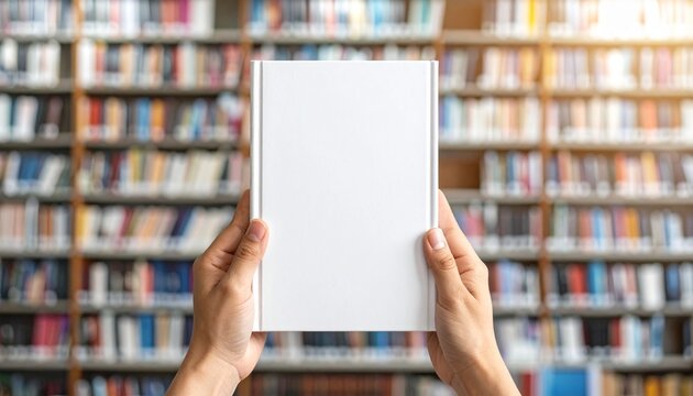 Person holding book in library with shelves