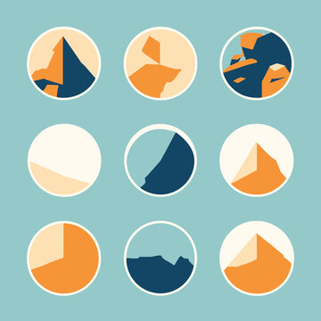 Ic&ocirc;nes de paysages de montagnes minimalistes et formes vectorielles sur fond bleu