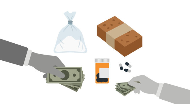 Drug deal concept: money exchange for illegal substances and pills