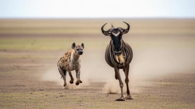 Hyena chases wildebeest in open grassland as it struggles to escape