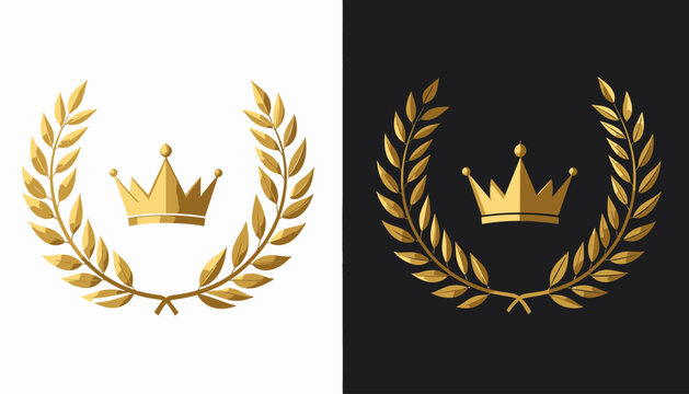 Illustration de couronne dor&eacute;e et couronne de laurier sur fond noir et blanc pour embl&egrave;me de victoire