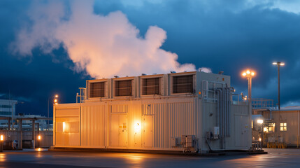 Obraz premium Electrolyzer green hydrogen plant exterior during rain storm, steam venting from pressure relief stack, security lighting casting amber reflections across wet concrete, hydrogen production facility 