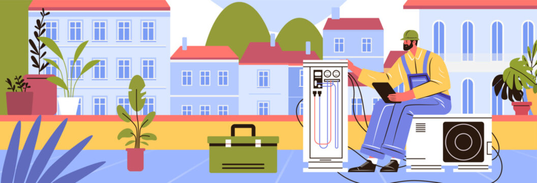 HVAC technician repairing outdoor air conditioner unit modern residential buildings plants toolbox rooftop maintenance scene
