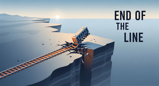 Pixel art train crash on cliff edge, end of the line concept, railroad tracks break apart, dramatic sunset, serene coastal landscape