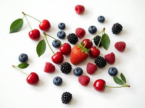 Assorted colorful berries and cherries on white background for healthy eating and nutrition concepts  strawberries blueberries raspberries blackberries cherries