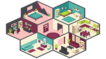 Fototapeta premium Isometric house cross section interior view with multiple furnished rooms.