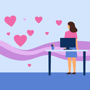 Mulher conectada expressando amor e emo&ccedil;&atilde;o via comunica&ccedil;&atilde;o digital em mesa de escrit&oacute;rio moderna