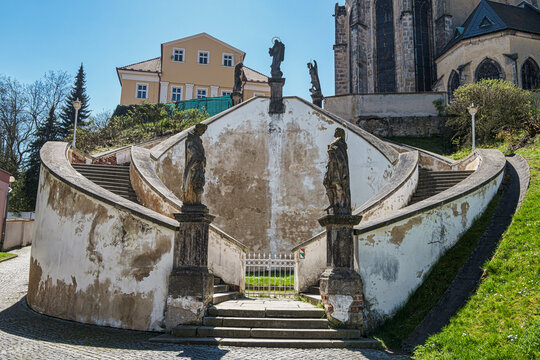 The staircase leading to the Church of St. Nicholas and St. Elizabeth in the old town of Cheb, Czech Republic