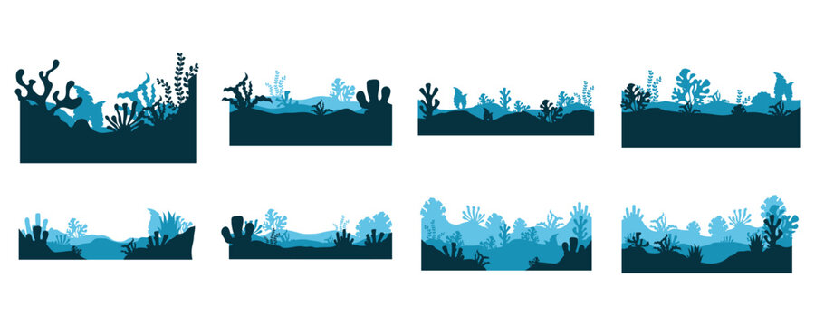 Set of underwater reef border silhouettes