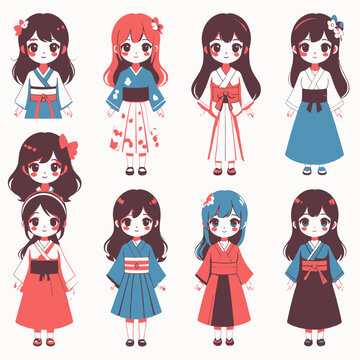 Meninas de anime japon&ecirc;s vestindo quimono tradicional em estilo chibi fofo para designs de temas culturais