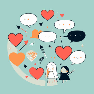 Conceito de comunica&ccedil;&atilde;o e amizade com meninas fofas expressando amor e pensamentos com bal&otilde;es de fala e cora&ccedil;&otilde;es