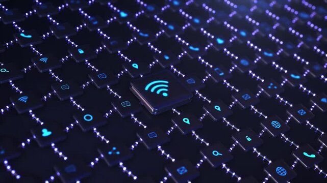 Human Hand click on Digital Wi-Fi Symbol Connecting to Smart IoT Network Grid of Technology Icons. wireless internet icon connected to social media symbols. Global high-speed network concept.