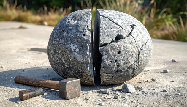An old round stone ball rests on the black earth of a beach near the water, appearing as a weathered rock sphere and natural globe isolated on the ground