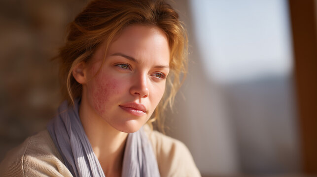 Close up of single lupus butterfly rash on womans cheek in warm indoor lighting, autoimmune disease visible symptom, lupus awareness, systemic lupus erythematosus, womens chronic illness facial symp