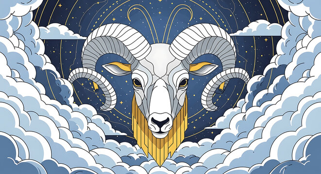 Pixel art ram head, zodiac sign aries, astrological symbol with curly horns, framed by clouds and starry night sky, majestic and powerful