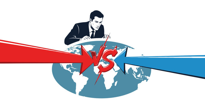 Businessman over earth with arrows symbolizing conflict and competition