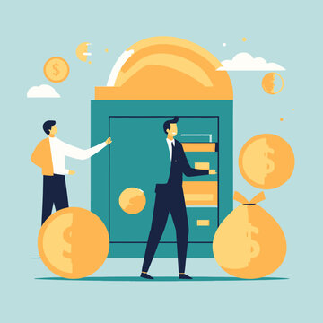 Ilustraci&oacute;n de gesti&oacute;n financiera exitosa con caja fuerte y monedas de oro