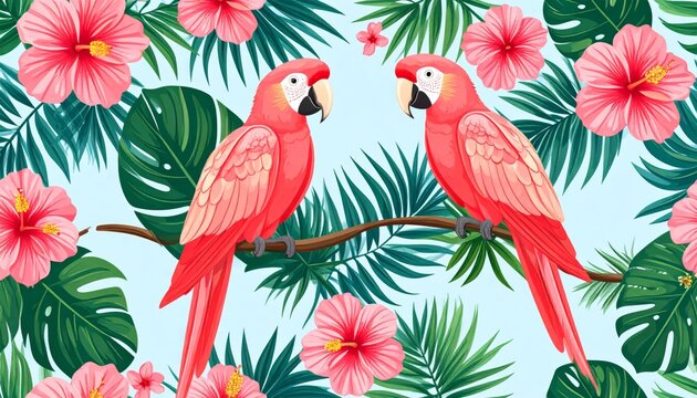 Colorful vector illustration of a cute tropical parrot and macaw perched on a jungle tree branch with summer flowers and green leaves in a seamless nature pattern design