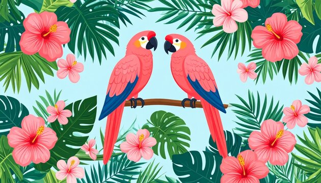 Colorful vector illustration of a cute tropical parrot and macaw perched on a jungle tree branch with summer flowers and green leaves in a seamless nature pattern design
